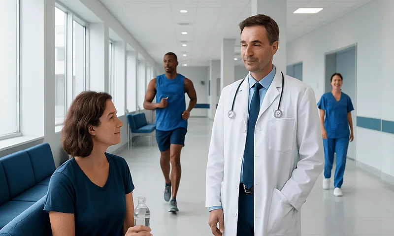 Doctor talking to a patient in a hospital corridor with fitness enthusiasts in the background.