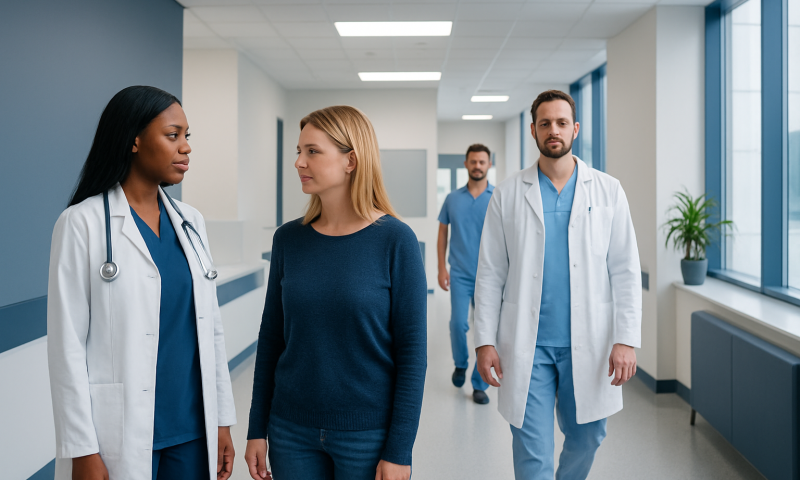 Medical team walking in hospital corridor with patient and doctors.