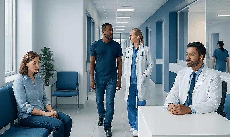 Aleve and Alcohol — Explained by Medical Evidence, Not Myths 6 Patients and doctors in a hospital corridor engaging in a consultation.