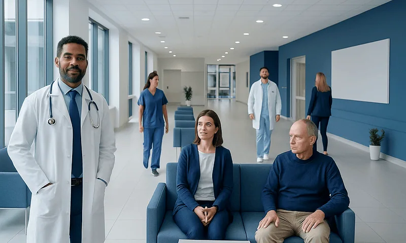 Medical professionals and patients in a modern hospital corridor.