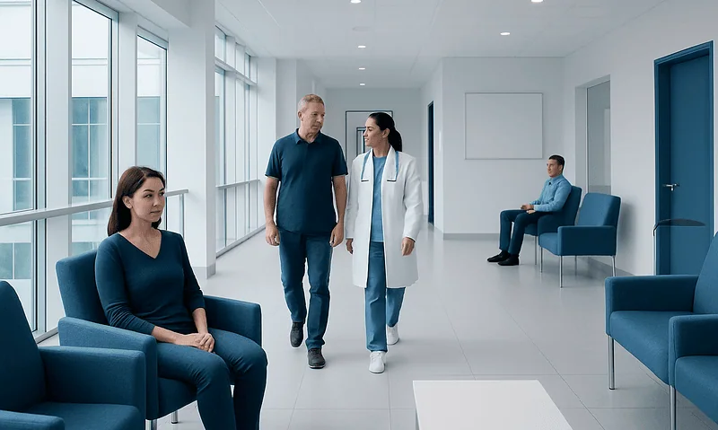 Medical professionals and patients in a modern hospital waiting area.