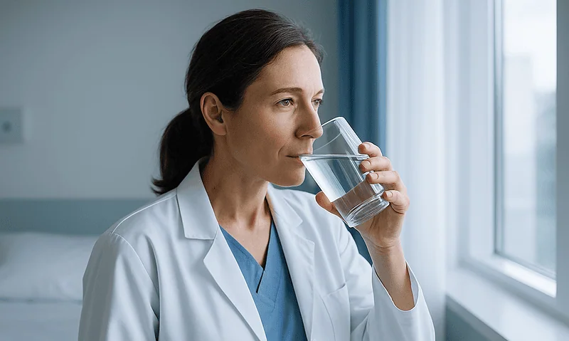 Medical professional drinking water in a clinical setting.