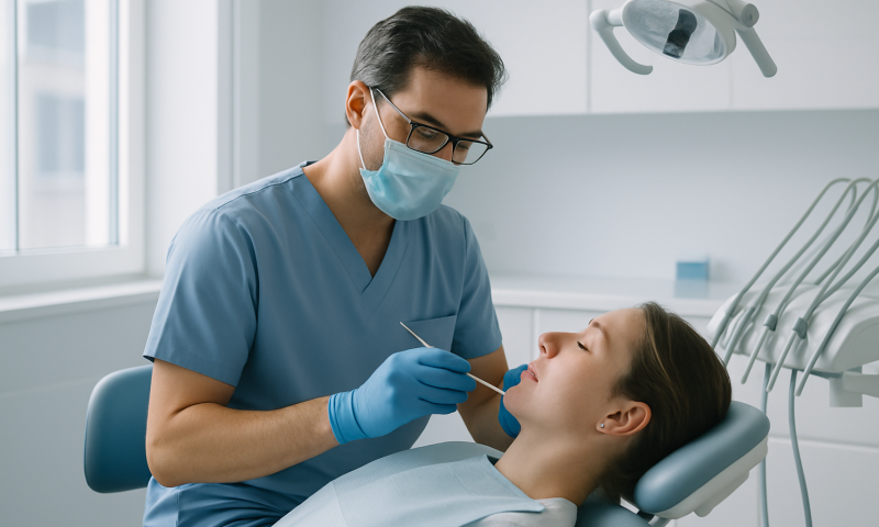All-on-4 Dental Implants Cost: What Is (and Is Not) in the Price 2 Dentist performing dental exam on patient in clinic.