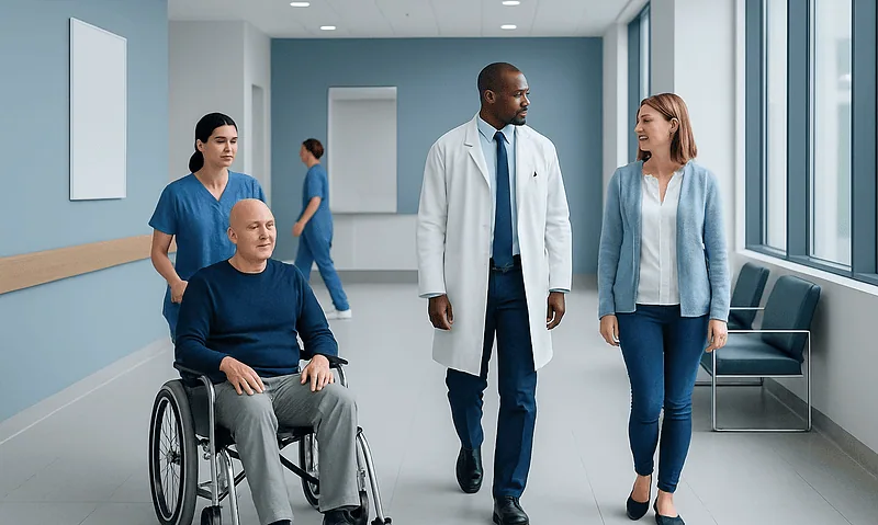 Medical team consulting with a patient in a hospital corridor.