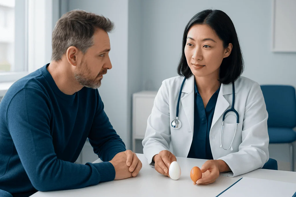 Doctor explaining egg differences to a patient in a clinic setting.