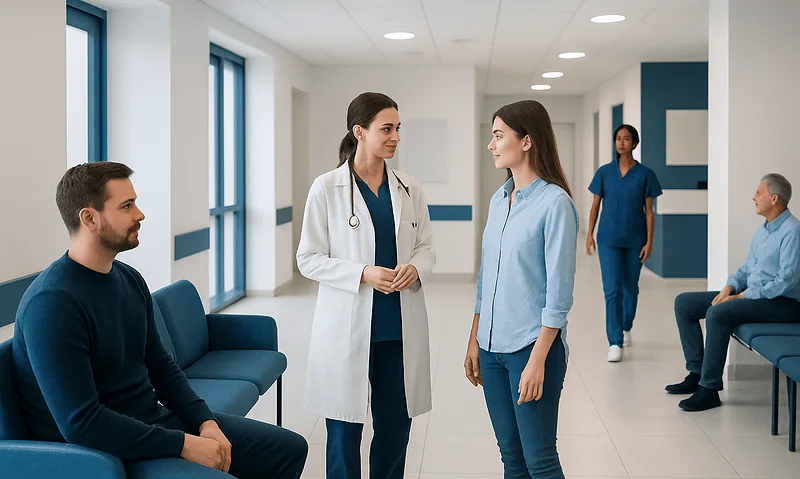 Doctor consulting with patient in hospital corridor with waiting area.