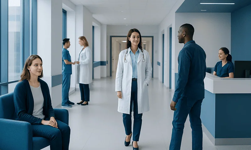 Healthcare professionals and patients in a modern hospital corridor.