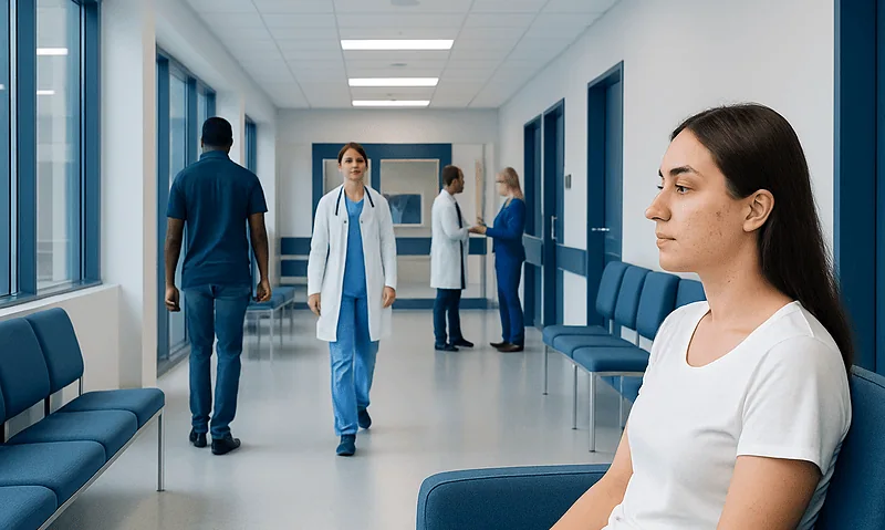 Patient waiting in hospital corridor at Acibadem Hospitals Group.