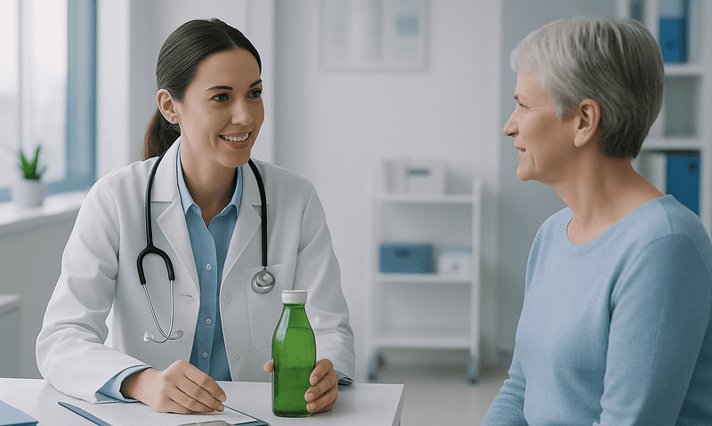 Doctor consulting with an elderly patient in a medical office.