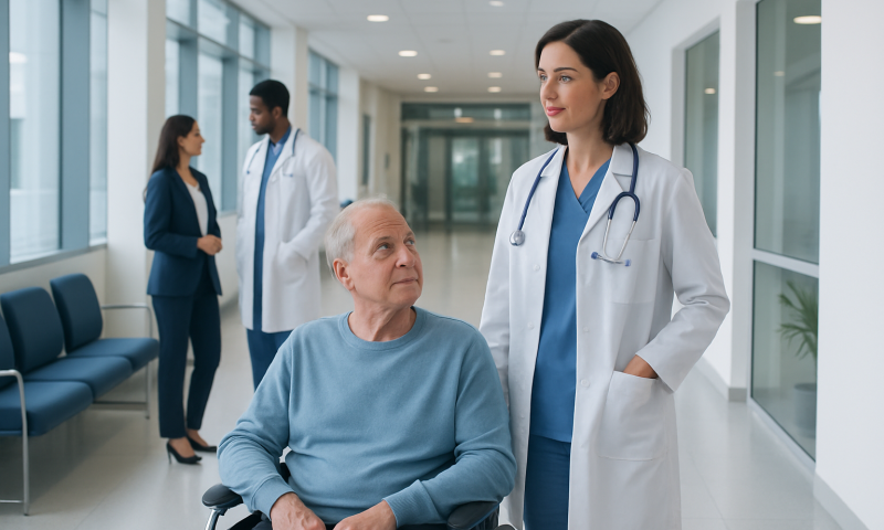Healthcare professionals and a patient in a modern hospital corridor.