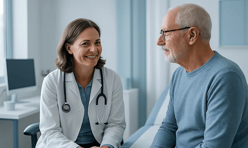 Doctor consulting with an elderly male patient in a hospital room.