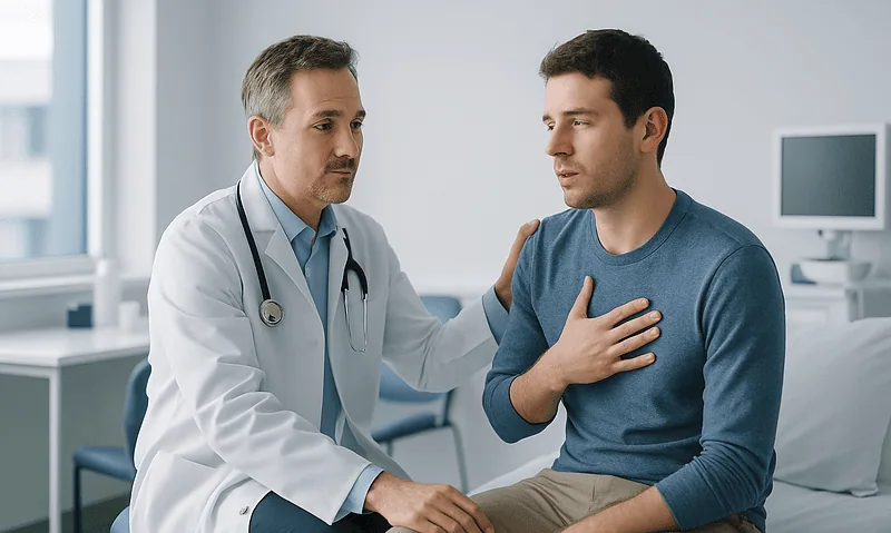 Doctor examining a patient in a hospital room for altitude sickness symptoms.