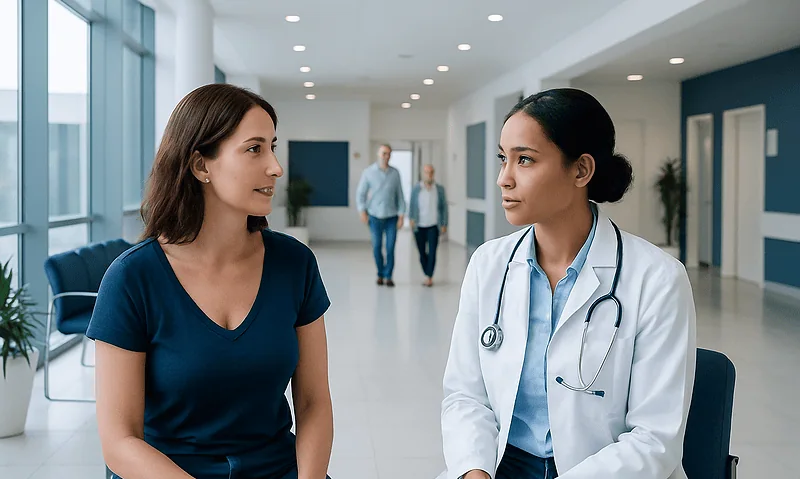 Patient consulting with a doctor in a hospital corridor.