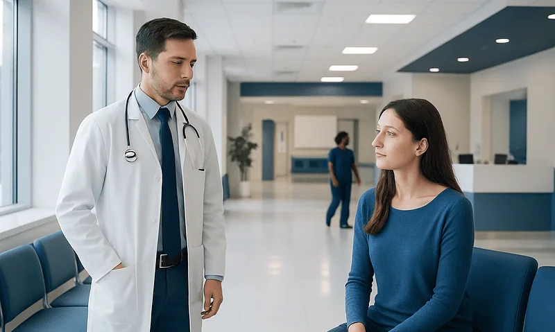 Doctor consulting a woman in a hospital corridor for fertility assessment.