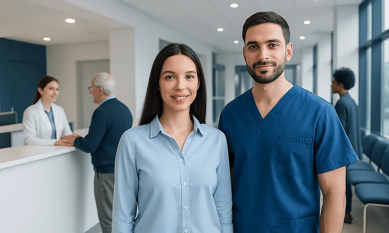 Smiling woman and healthcare professional in hospital lobby.