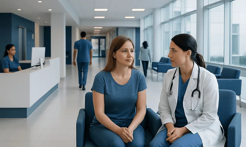 Patient consulting with doctor in modern hospital waiting area.