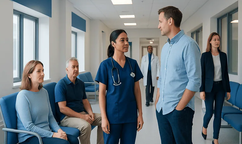 Healthcare professionals and patients in a hospital corridor engaging in a discussion.