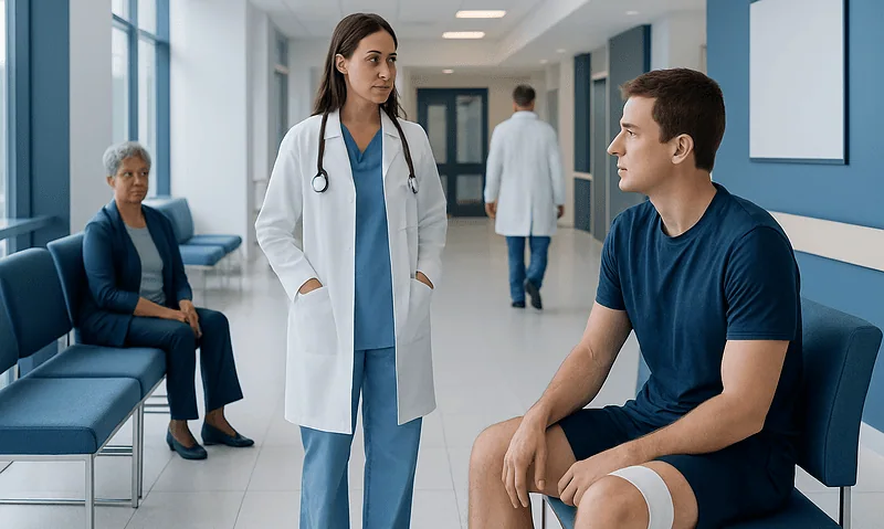 Doctor consulting with a young male patient in hospital corridor.