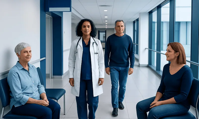 Patients and doctor in hospital corridor at Acibadem Hospitals Group.