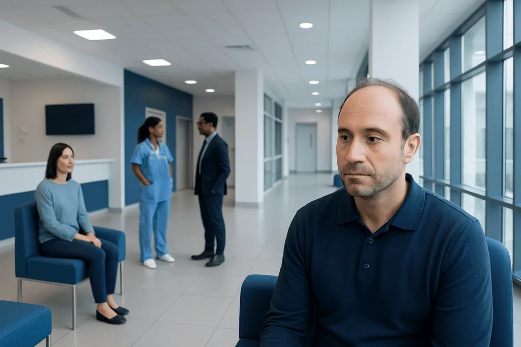 Am I a Candidate for Dhi hair transplant? Eligibility Criteria 1 Patient waiting in a modern hospital corridor with medical staff in the background.