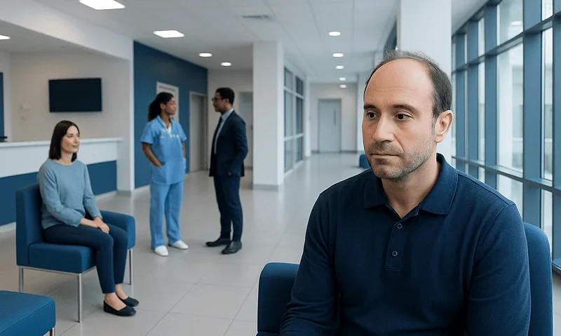 Patient waiting in a modern hospital corridor with medical staff in the background.