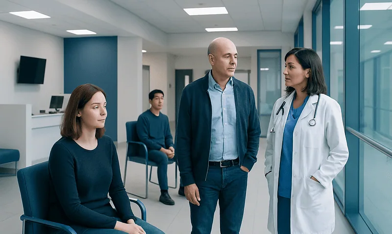 Medical consultation at Acibadem Hospital with doctor and patients.