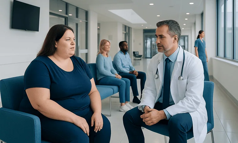 Doctor consulting with a patient in a modern hospital waiting area.