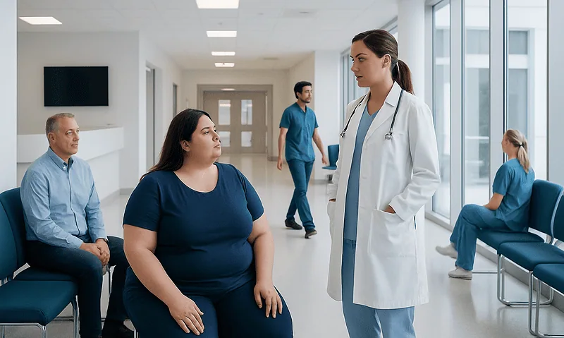 Doctor consulting with a patient in a hospital corridor.