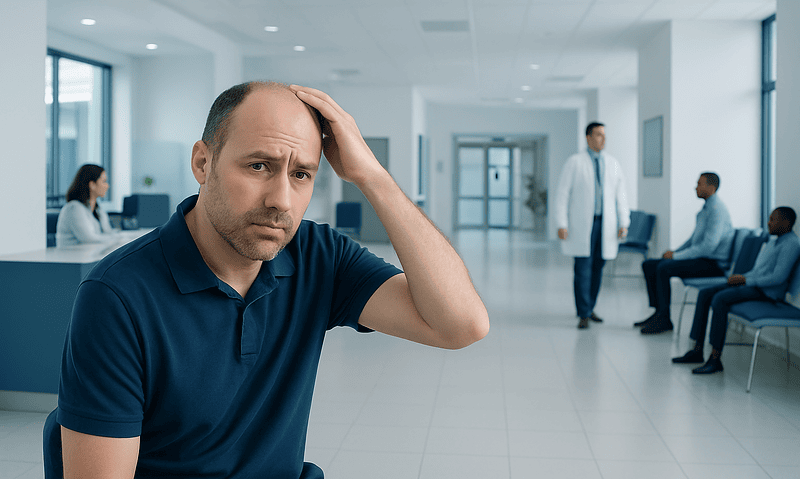Man with hair loss worried in a hospital waiting area.