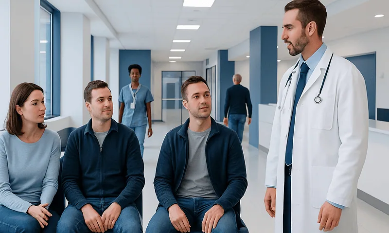 Doctor consulting with patients in hospital corridor.