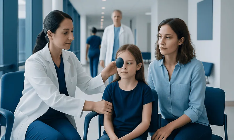Pediatric eye exam at Acibadem Hospital for lazy eye treatment.