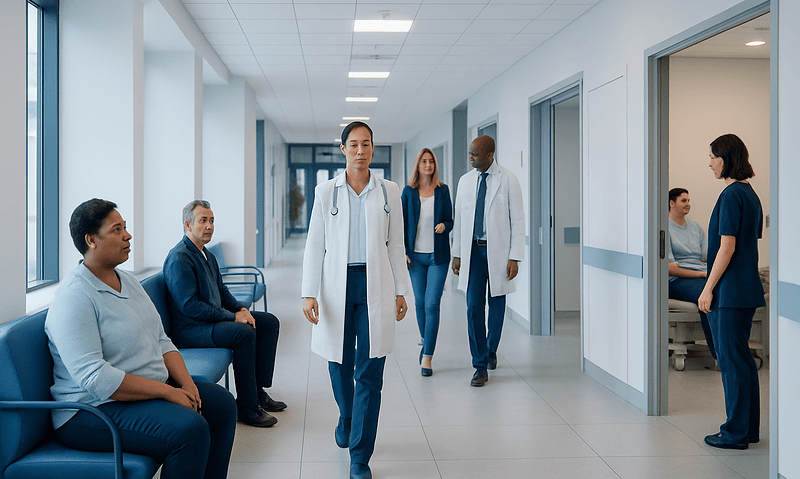 Medical staff and patients in a hospital corridor at Acibadem Hospitals Group.
