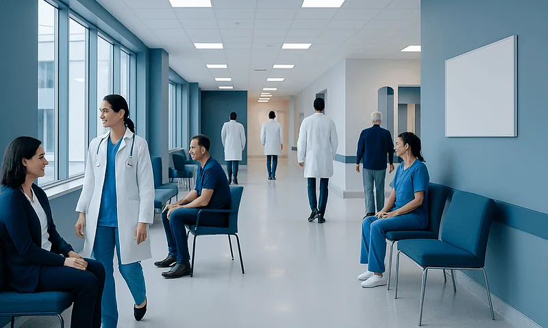 Modern hospital corridor with medical staff and patients in a healthcare facility.