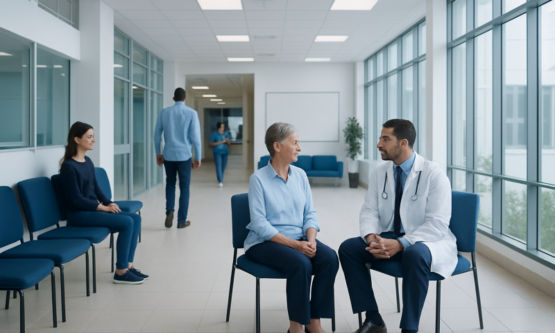 Medical consultation in a modern hospital corridor with doctors and patients.