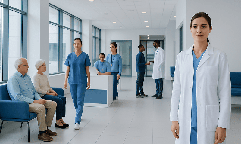 Healthcare professionals and patients in a modern hospital corridor.