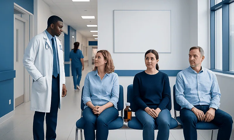 Doctor consulting with patients in a hospital corridor.