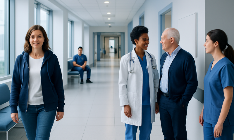 Hospital corridor with medical staff and patient in a healthcare setting.
