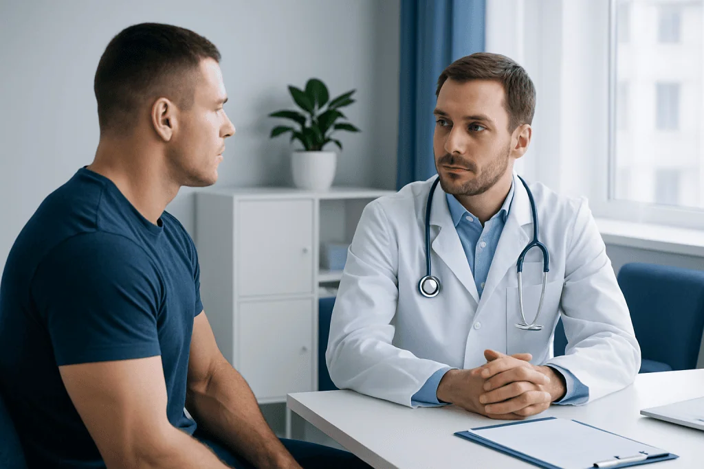 Doctor consulting with a patient in a medical office setting.