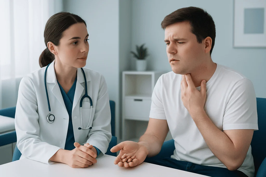 Doctor explaining medication to a patient with possible allergy symptoms.