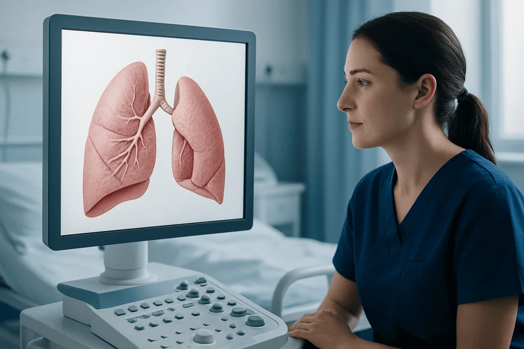 Medical professional analyzing a 3D lung model on a computer screen.