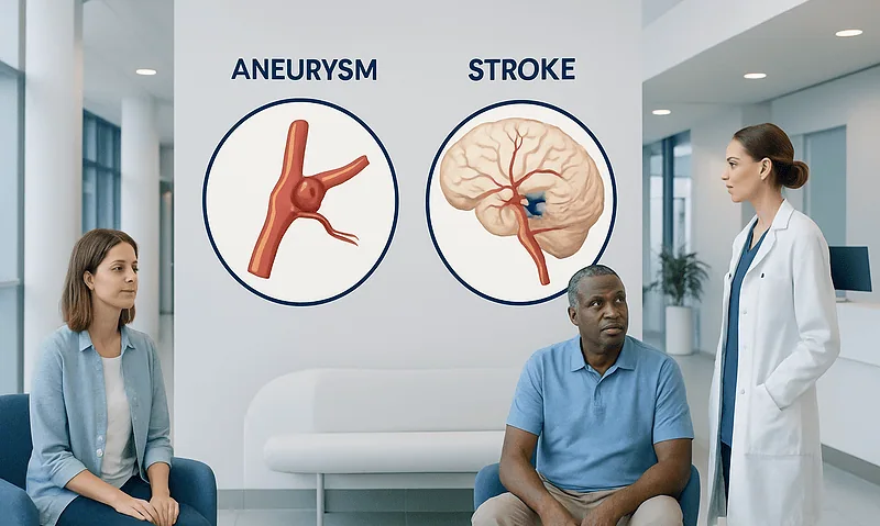 Comparison of aneurysm and stroke with medical illustrations and doctor consultation.