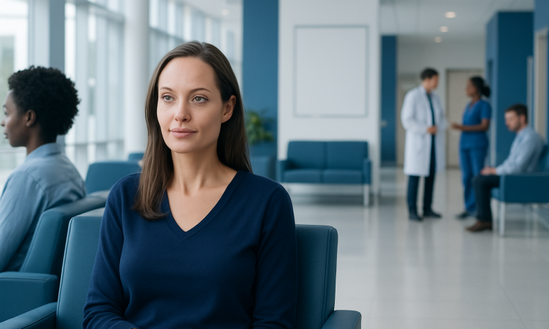 Woman patient waiting in hospital lobby for breast cancer consultation.