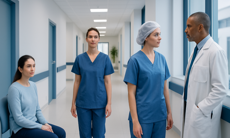Medical team discussing patient care in hospital corridor.