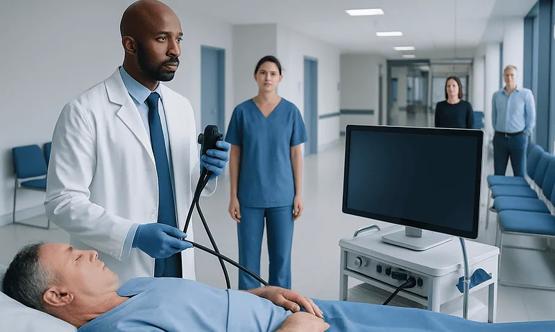Angiodysplasia Colonoscopy: Preparation, Procedure and Results 18 Doctor preparing for colonoscopy with medical team in hospital corridor.