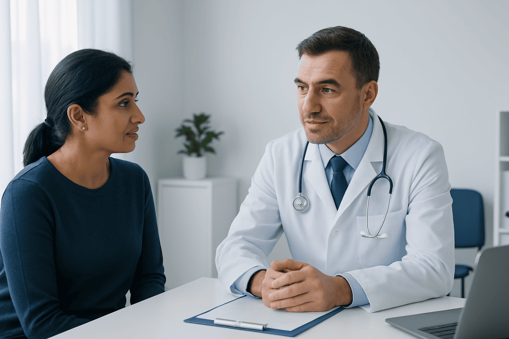 Doctor consulting with a female patient in a medical office setting.