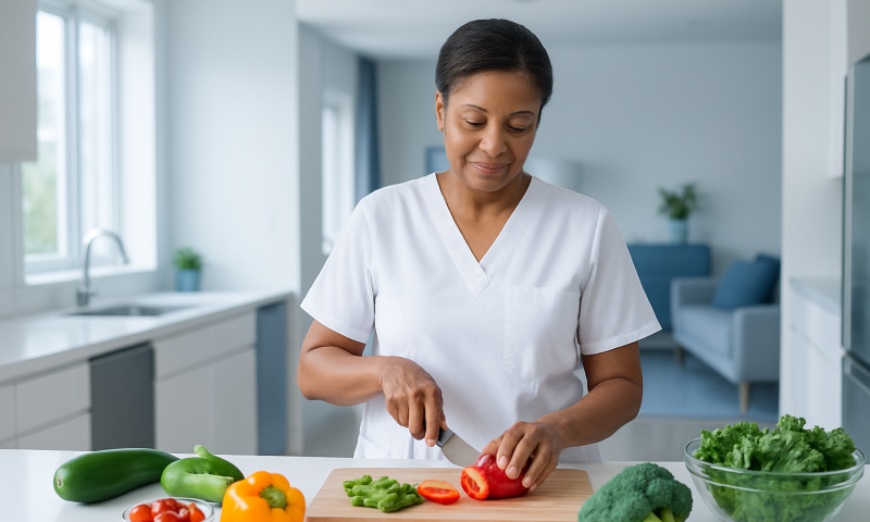 Healthcare professional preparing fresh vegetables in a modern kitchen.