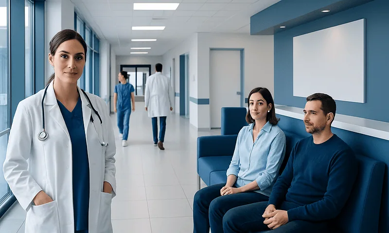 Healthcare professionals and patients in a modern hospital corridor.