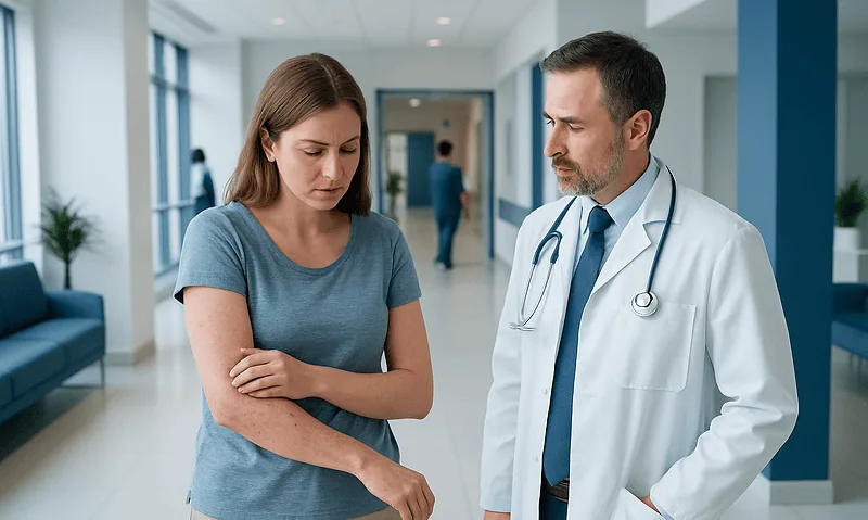 Antibiotic Rash: Uses, Dosage, and Side Effects — A Clinical Overview 8 Doctor examining a woman with a rash in a hospital corridor.