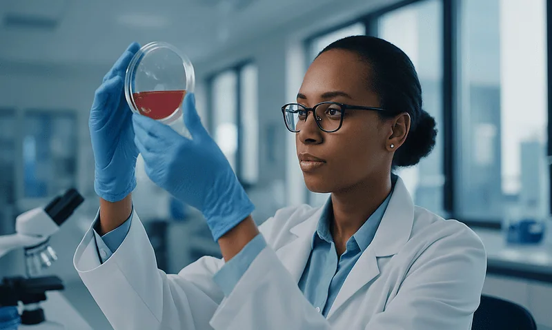 Scientist examining a petri dish with red liquid in a laboratory setting.