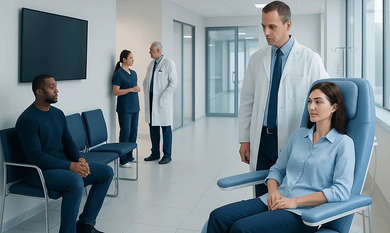 Doctor and patient in a hospital consultation room.